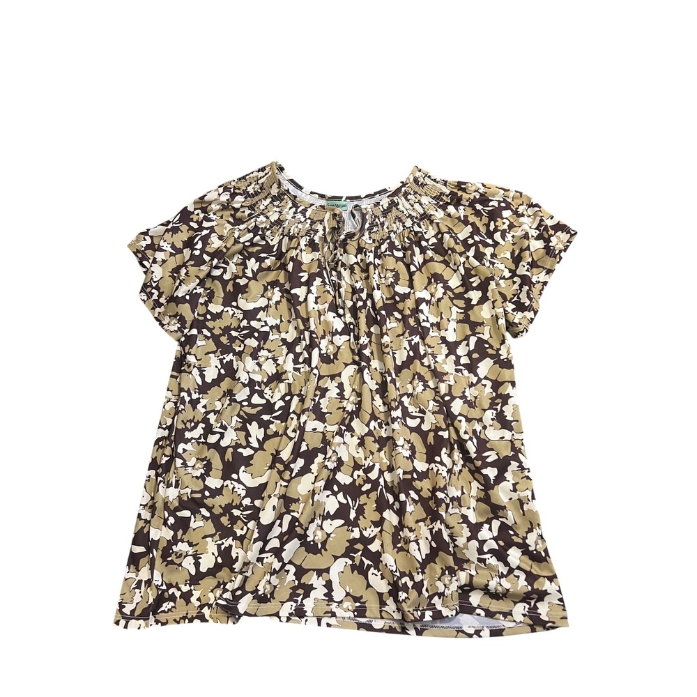 Sara Morgan Women 3X Floral Smocked Neck Tie Blouse Brown Olive Short Sleeve Top
